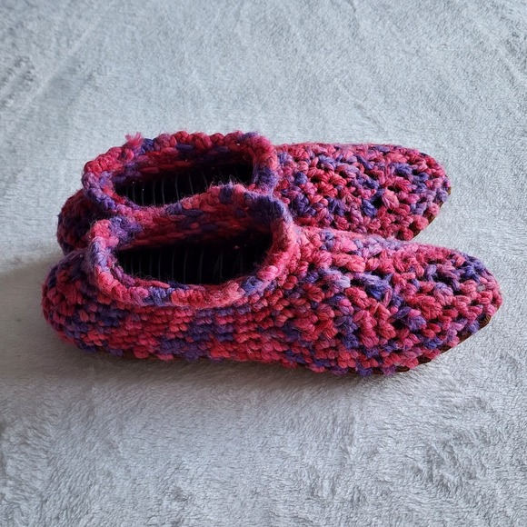 Wool Crochet Slippers Leather Sole Womens Medium Sherpa Wool Lined Cosy Winter - Picture 4 of 13